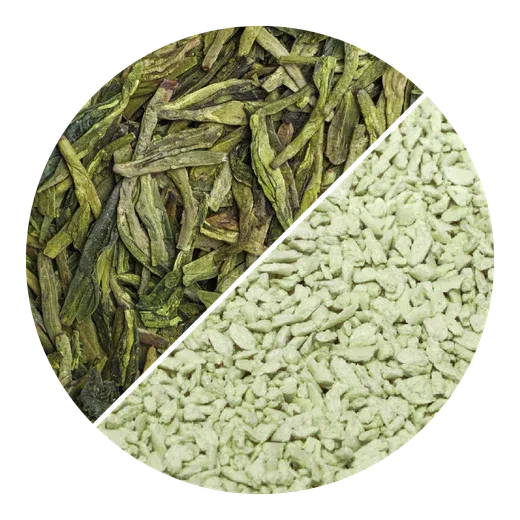 Green tea leaves and green tea cat litter granules